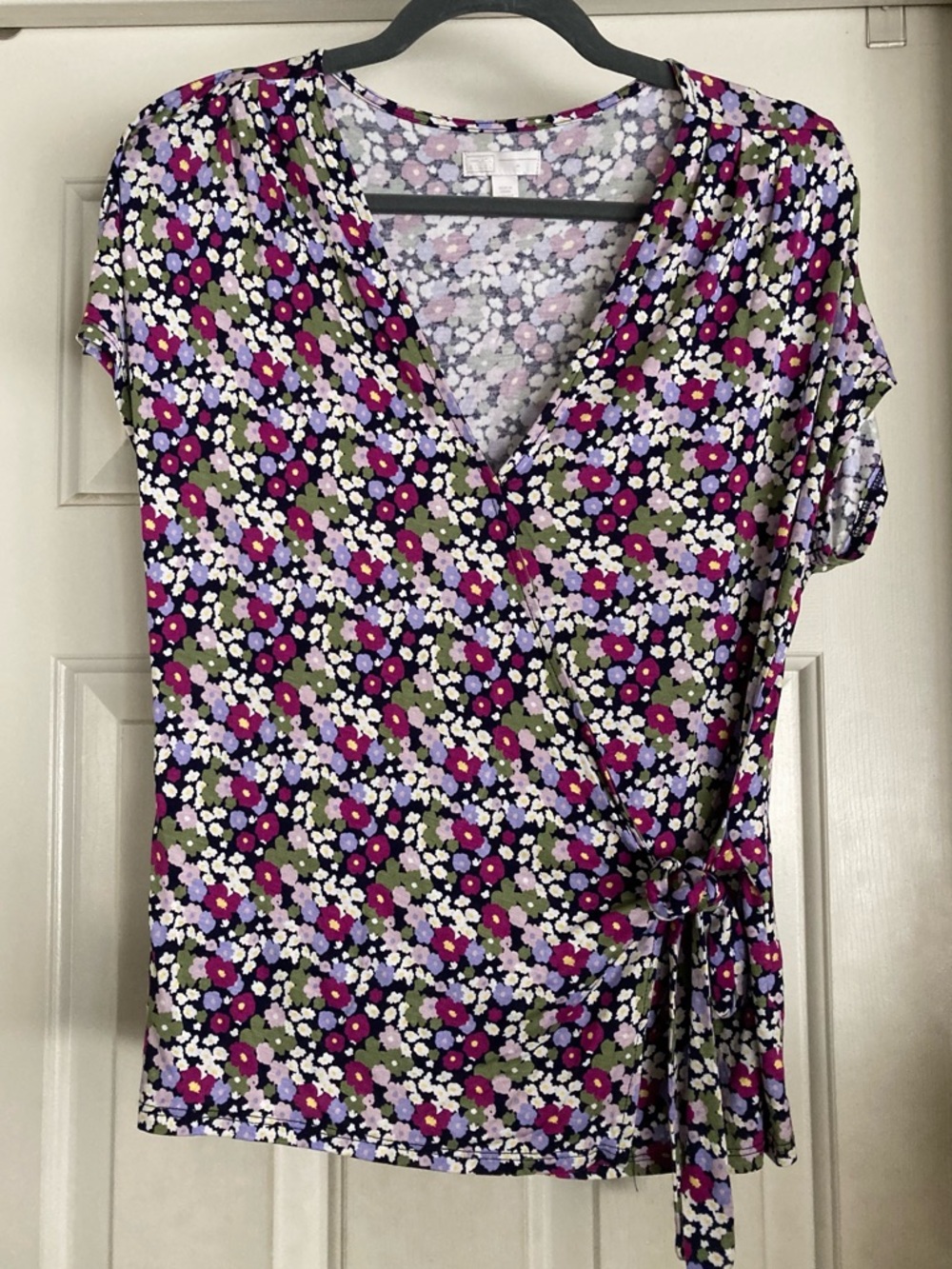 Floral Wrap-Style Short Sleeve Top in Purple/Green - by 16th&Union